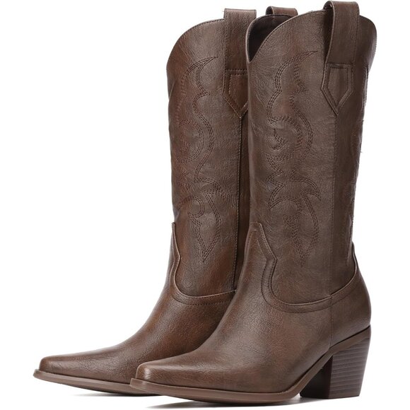 Women's Brown Embroidery Pointed Toe Chunky Heel Retro Western Cowgirl Booties - Picture 6 of 7